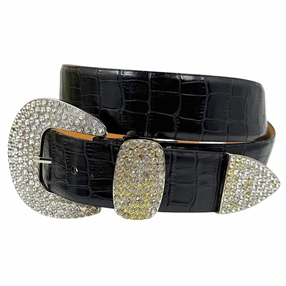 VTG 90s Y2K Lake Shore Drive Black Croc Rhinestone Western Belt Size Large L